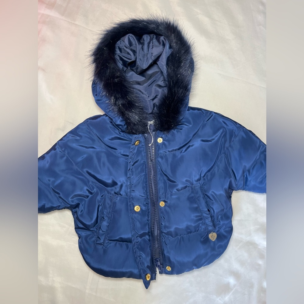 Carlo Pignatelli Junior Little Girls Navy Winter Coat with Fur Trim